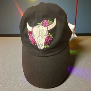 Black Floral Bull Skull Embroidered Baseball Cap Adjustable 100% Cotton